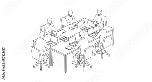 Business meeting with people working on laptops around a conference table.