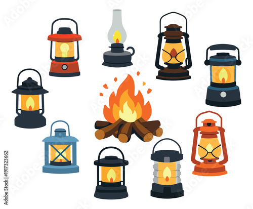 Cartoon style camping light sources set featuring various lanterns and a burning campfire for outdoor adventures