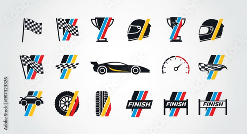 Racing Icons Set with Flags and Cars.