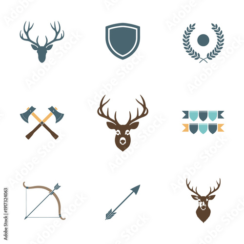 Hunting icons set with deer and arrows