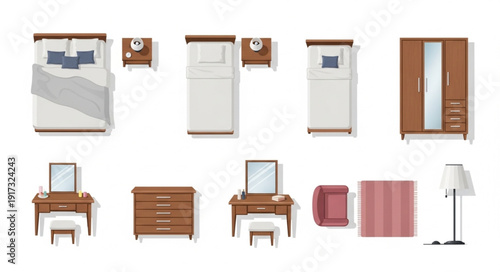 Collection of bedroom furniture items seen from above.