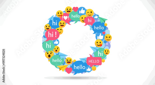Ring of colorful chat bubbles and emoticons expressing online interactions messages