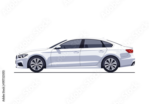 A white sedan car viewed from the side on a plain background