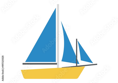 Sailboat illustration with blue sails and yellow hull sailing on calm waters from a side viewpoint