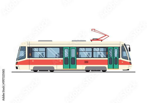 Modern tram illustration on transparent background showcasing sleek design and vibrant color scheme from a side view