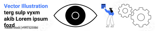 Vision, technology, innovation, teamwork, data analysis, progress. Black eye icon beside gears and a figure handling a document. Vision and technology innovation concept