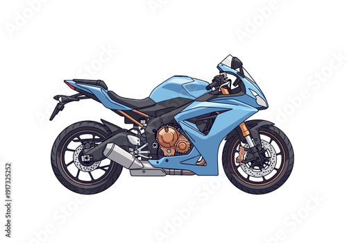 A blue sports motorcycle viewed from the side, showcasing its sleek design and vibrant colors against a plain background.