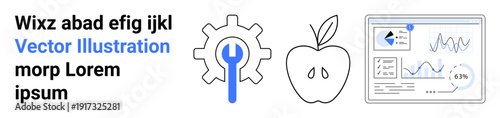 Data visualization, healthy choices, technology tools, education, innovation, wellness promotion. Gear with wrench, apple and analytics dashboard. Data visualization and healthy choices concept