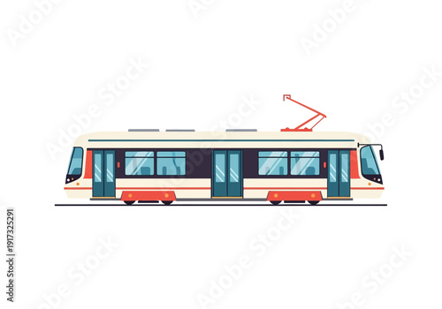 Modern tram traveling on urban railway track with passengers inside viewed from outside