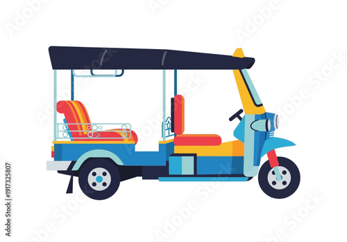 Vibrant Tuk Tuk Vehicle with Red and Yellow Seats Riding on City Streets, Side View