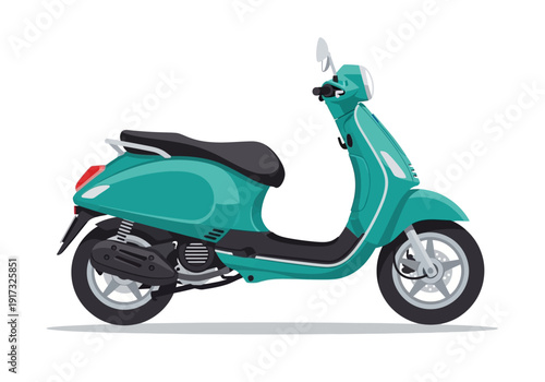 A teal scooter parked on a plain surface viewed from the side showcasing its sleek design and vibrant color