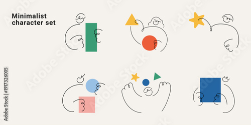 Minimalist character set with doodle line art abstract people and geometric shapes. One line drawing vector illustration collection for modern design and creative projects colorful.