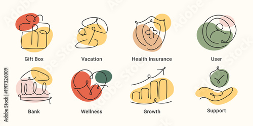 Benefit line art icon set with gift box, vacation, health insurance, wellness, growth and support. One line drawing vector illustration for employee benefits and perks concepts.