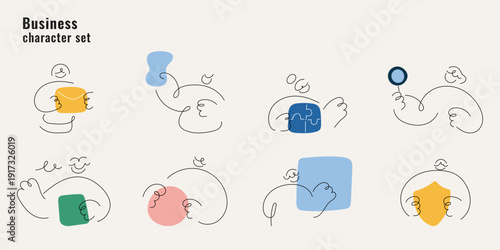 Business character set with doodle line art people working, collaborating and solving puzzles. One line drawing vector illustration for teamwork and business concepts colorful.