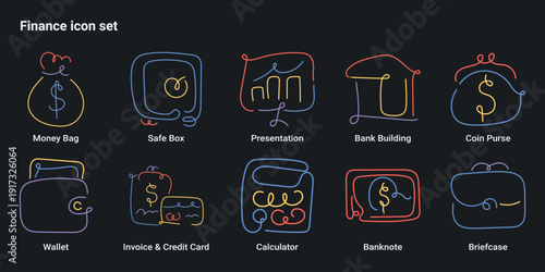 Finance line art icon set with money bag, safe box, bank, wallet, credit card, calculator and financial symbols. One line drawing vector illustration collection colorful gradient.