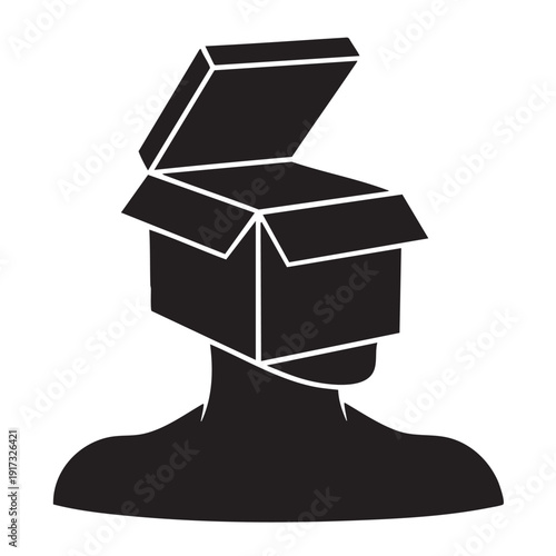 Abstract illustration of a human silhouette with an open cardboard box replacing the head, symbolizing concepts of anonymity, hiding identity, conformity, or being trapped within societal constructs