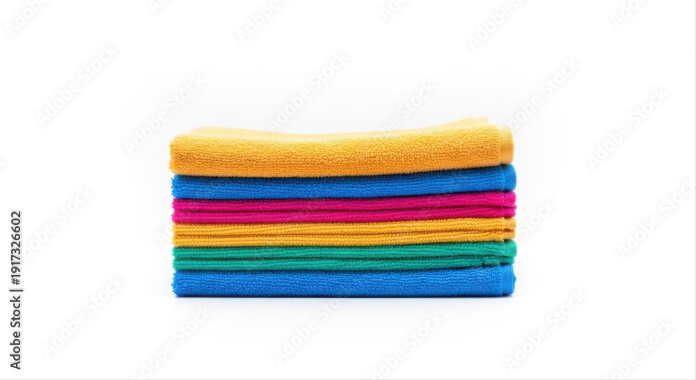Naklejka premium Colorful folded gym towels neatly stacked and isolated on a white background, showcasing vibrant hues and clean lines