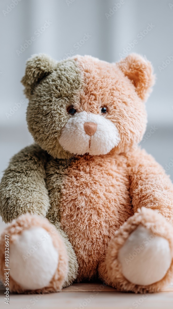 Fototapeta premium Stuffed Bear Toy Sitting Upright in a Studio Setting for a Child Retail Catalog Featuring Soft Sage Green and Muted Peach Plush Fabric and White Accents