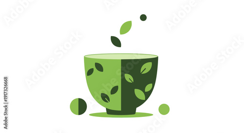 Green tea cup with falling leaves