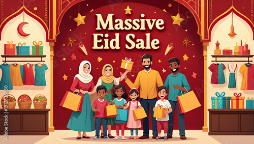 Eid Mubarak Shopping Mall Sale Poster with Red Gold Arch Design