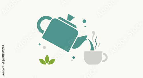 Green teapot pouring tea into cup
