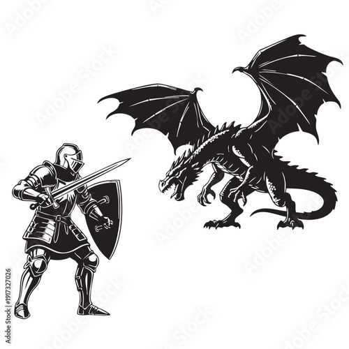 Knight and Dragon Battle Illustration Medieval Fantasy Combat Warrior facing mythical beast Legendary creature confrontation Heroic confrontation with winged monster Mythical showdown