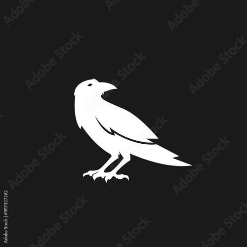 Stylized White Raven Bird Logo Isolated on Dark Background