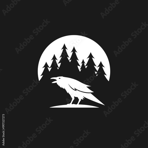 Stylized raven with open beak standing on ground, silhouetted against a full moon and dense pine forest in a modern minimalist graphic design.