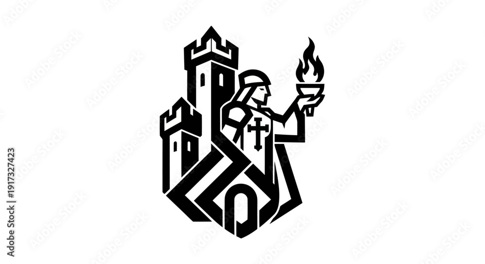 Fototapeta premium Heraldic symbol with castle and figure