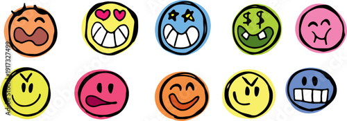 Collection of playful, colorful round caricature faces showing various expressions. Emoji icons and comic avatars in grunge vector style. Suitable for fun and engaging designs