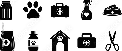 Pet care icon set, veterinary clinic symbols, animal medicine, grooming tools, dog house, food, vector illustration isolated black design bundle