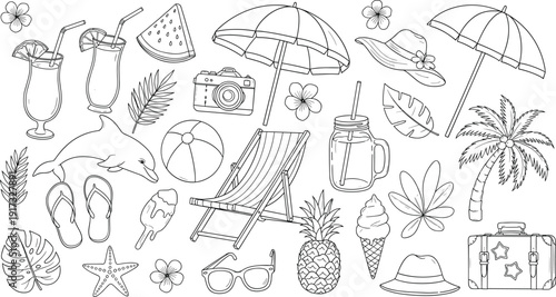 Summer beach vacation elements, tropical palm tree dolphin pineapple fruit surfboard sandcastle, cad drawing flat vector illustration, holiday travel icons,