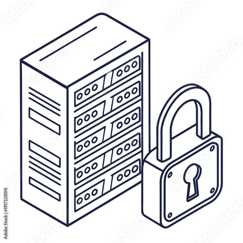 Server Security Padlock Protecting Data Center Rack Isometric Line Art Illustration Isolated