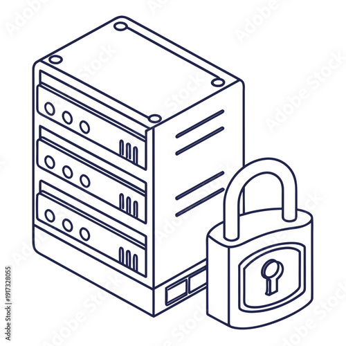 Server Security Padlock Protecting Data in Isometric Line Art Style