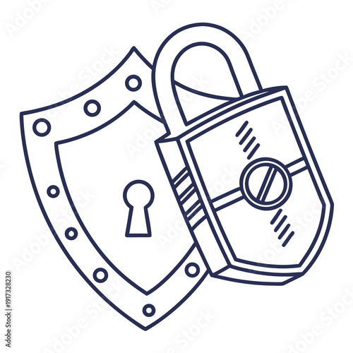 Security Shield Padlock Line Art Illustration Isolated on White Background