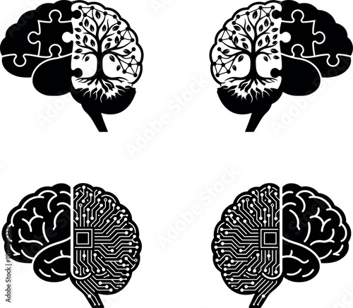 Four black-and-white vector illustrations of human brains, each split into two halves, represent different concepts. The top two brains combine a tree of life with puzzle pieces