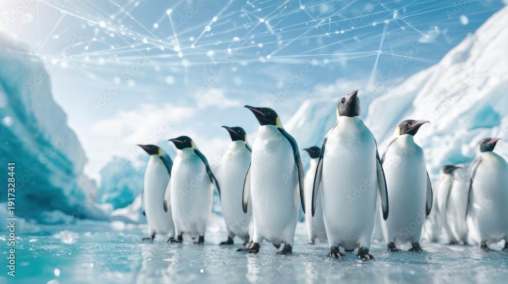 Obraz premium Group of Emperor Penguins Standing Together in Row on Arctic Ice with Digital Network Graphics for Winter Wildlife Technology Marketing and Scientific Research