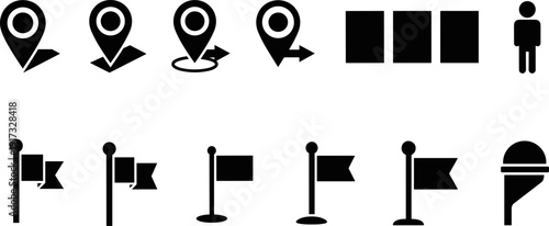 Map location pin and flag icon set vector, navigation markers, destination symbols, GPS pointer illustration isolated bundle design