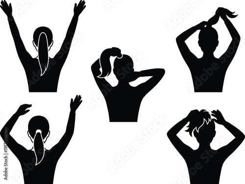 Woman tying ponytail silhouette set, female back view hair styling poses, black vector illustration isolated on white background
