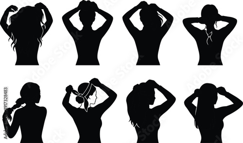 Woman tying hair silhouette set ponytail bun braid hairstyle vector illustration collection isolated on white background