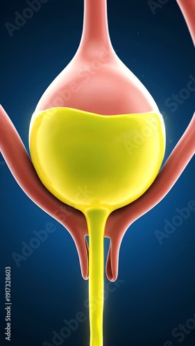 Anatomical illustration of the female urinary system showing bladder fullness and urine flow on a dark blue background