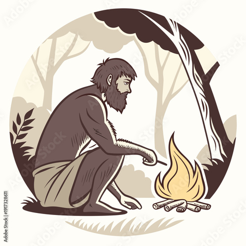 Prehistoric man sitting by campfire in forest caveman