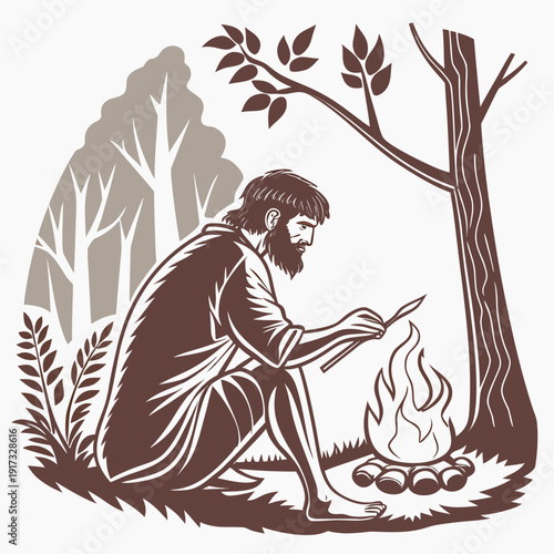 Prehistoric man cooking over campfire in forest caveman