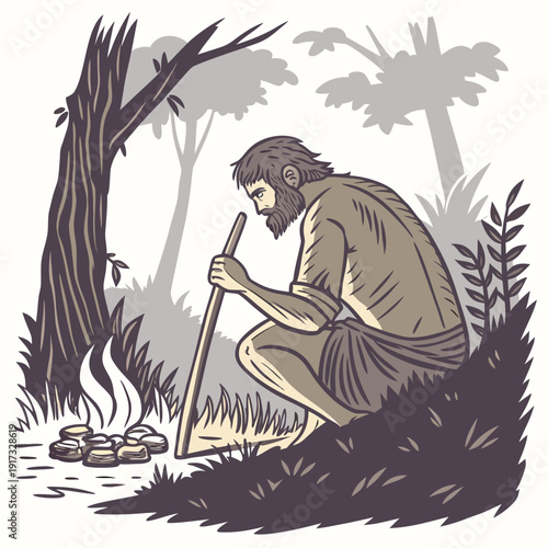 Prehistoric man sitting by fire with stick caveman