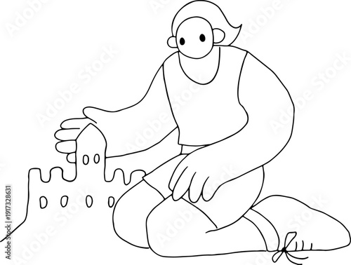 A young girl sits on the beach and makes a sand castle in memphis style, full size, hand drawn with black, curved grunge lines