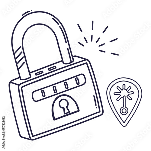 Padlock Combination Lock with Keyhole and Location Pin Icon, Hand Drawn Line Art