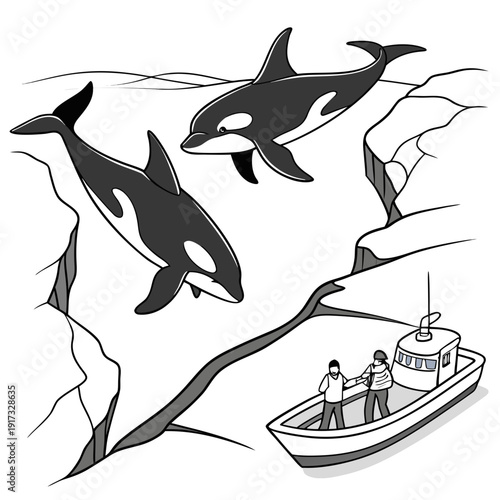 Black and white of orcas and people in a boat near ice crack