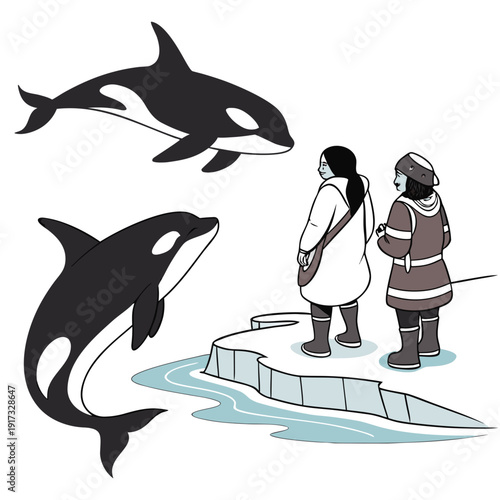 Orca whales and people on ice floe in arctic