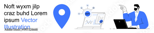 Data analytics, geolocation, business management, remote work, digital technology, online data analysis. Blue location icon, analytical graphs on a screen professional character pointing. Data