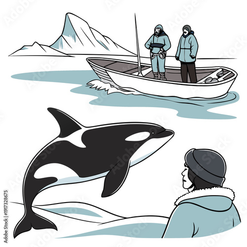 Orca swimming near person on ice with boat and people in arctic